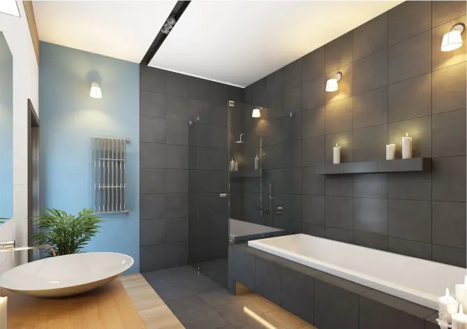 A bathroom with a tub, shower and sink.