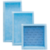 Three blue shower bases, various sizes.